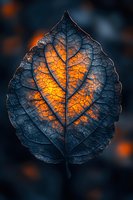 Autumn leaf with intricate veins glowing orange and yellow against dark blue background. Natural seasonal foliage macro photography for fall designs.