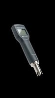 Handheld conductivity meter with LCD display and probe tip, isolated on transparent background, ready for science, lab, and print on demand design use.