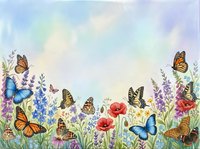 Watercolor wildflower meadow with colorful butterflies flying among lavender, poppies and grass on pastel rainbow sky background for spring nature designs.