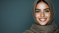 Young Middle Eastern woman wearing olive hijab smiling warmly against dark teal background, showcasing natural beauty and confidence in modern portrait style.