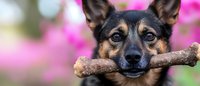 Small mixed breed dog holding wooden stick in mouth with pink spring flowers blurred in background. Playful pet portrait for training and outdoor activity concepts.