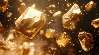 Glowing amber crystals floating in dark space with golden particles, creating luxurious mineral formation for jewelry or geology backgrounds.