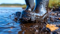 Rubber boot splashing in puddle with autumn leaves, creating dynamic water drops and ripples against blue water surface in natural sunlight. Period.