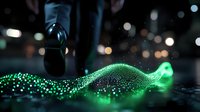 Glowing green particle wave formation with bokeh light effects against dark background, creating dynamic motion and futuristic atmosphere.