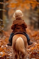 Young child with blonde hair riding pony through autumn forest path covered in fallen orange leaves, wearing brown jacket and jeans, back view perspective.