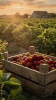 Fresh ripe strawberries in wooden crate at organic farm during golden hour sunset with strawberry field and farmhouse in background for harvest concept.