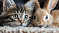 Close up portrait of adorable kitten with blue eyes and brown bunny rabbit lying together on soft carpet, showing friendship between different animal species.