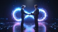 Business partners shaking hands with glowing infinity symbol in dark background, representing eternal partnership and digital transformation in corporate world.