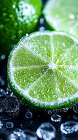 Fresh lime slice with water drops and ice cubes on dark background, macro shot showing juicy citrus texture and refreshing bubbles for beverage and cocktail designs.