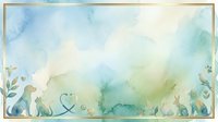 Watercolor landscape with soft blue and green washes, silhouetted forest treeline, decorative botanical elements and animals on sides, gold frame border. Suitable for backgrounds, invitations, and design projects.