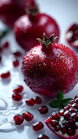 Fresh ripe pomegranate with water drops and scattered seeds on light background, macro shot showing detailed texture and natural crown detail.