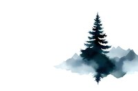 Minimalist watercolor pine tree with misty mountain landscape in blue and teal tones on white background for nature-themed designs.