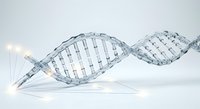 Double helix DNA strand structure with glowing light particles, representing genetic research, biotechnology, and molecular science for medical and educational applications.
