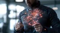 Athletic man in dark sportswear with glowing orange network pattern overlay across chest, representing digital fitness tracking and smart wearable technology in modern gym setting.