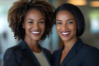 Two confident African American businesswomen with bright smiles wearing professional attire in corporate office setting, representing leadership and success in workplace.