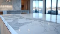 Luxury marble kitchen counter with natural veining pattern in modern minimalist interior, soft natural lighting through windows creates elegant atmosphere.
