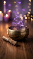 Tibetan singing bowl with magical purple energy spiral and wooden mallet on table with warm bokeh lights background for meditation and sound healing.