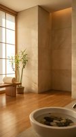 Modern spa bathroom interior with natural stone walls, bamboo plant, wooden floors and zen bowl for wellness relaxation and meditation retreat design.