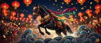 Majestic black horse with flowing rainbow mane leaping through clouds under glowing red lanterns in festive celebration scene with golden confetti falling.