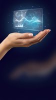 Hand holding holographic digital display with glowing data analytics, charts, and network graphs on dark blue background for technology and business concepts.