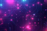 Glowing pink and blue circuit board pattern with illuminated nodes on dark background creates futuristic technology concept for digital transformation designs.