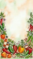 Watercolor cooking frame with red and green chili peppers, bell peppers, herbs, and sauce bottles on textured background. Ideal for recipe cards, menus, and culinary designs.