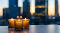 Three glowing candles in amber glass holders create warm ambiance against blurred city skyline at dusk for relaxation and home decor concepts.