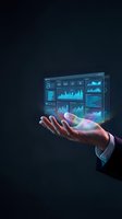Businessman holding holographic digital dashboard with glowing analytics charts and data visualization graphs for business intelligence and financial reporting applications.