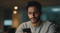 Young man with concerned expression looking at smartphone in dimly lit room, conveying worry, stress, or receiving bad news.