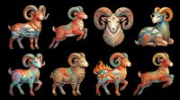 Colorful ornate ram set with folk art patterns, isolated on transparent background. Great for zodiac clipart, stickers, t-shirt design, sublimation, and print on demand.