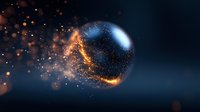 Glowing sphere with orange and blue particles dispersing into dark space, creating magical ethereal effect with sparkling light trails and bokeh elements.
