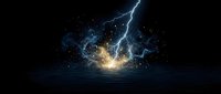 Dramatic lightning bolt strikes ocean surface creating explosive splash with glowing sparks against dark stormy sky for energy and power concepts.