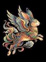 Ornate winged rabbit with decorative gold, blue, and red patterns isolated on transparent background. Ready for t-shirt design, clipart, stickers, and print-on-demand products.