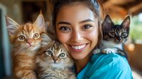 Happy young woman holding adorable fluffy kittens with bright eyes, smiling warmly in cozy indoor setting for pet adoption, animal care and feline companionship.