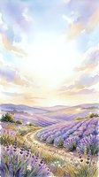 Lavender field landscape with rolling hills under soft sunrise sky, featuring purple flowering plants and golden wheat fields, suitable for travel, nature, and agricultural design projects.