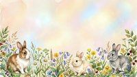 Three rabbits among wildflowers and grasses in a soft, watercolor style garden scene. Suitable for children's books, nursery decor, Easter designs, and spring-themed projects.