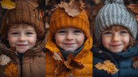 Three smiling children wearing warm knit winter hats and puffy jackets with autumn maple leaves falling, capturing cozy seasonal outdoor mood in warm tones.