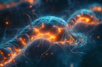 Glowing orange and blue energy waves form abstract cosmic patterns against dark space background, creating dynamic flow of light and plasma effect.