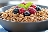 Healthy breakfast bowl with crunchy wheat cereal, fresh blackberries, raspberries and mint leaves served in gray ceramic bowl, closeup view on blue cloth.