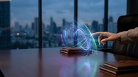 Businessman using smartphone with holographic network connections in modern office overlooking city skyline at dusk for digital communication concepts.