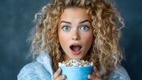 Young Caucasian woman with curly blonde hair and expressive face showing surprise while holding blue bowl of popcorn against dark background, entertainment concept.