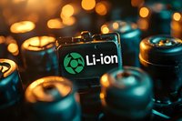 Lithium ion battery with glowing logo against blurred bokeh lights background, close up macro shot showing power cells in dramatic lighting atmosphere.
