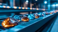 Glowing crystals and gemstones arranged in line on dark surface with blue and orange illumination creating mystical atmosphere for spiritual and wellness concepts.
