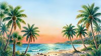 Watercolor tropical beach scene with palm trees framing a serene ocean sunset, warm pastel sky, sandy shore, perfect for travel and summer designs.
