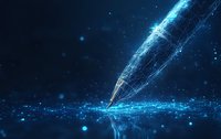 Glowing digital pen tip creating luminous trail on dark surface with particles and reflections, futuristic creative concept in neon blue tones.