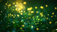 Glowing yellow orbs and delicate branches create magical nature atmosphere against dark emerald background, abstract bokeh effect for fantasy designs.