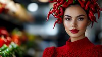 Young woman wearing creative red chili pepper headdress and matching turtleneck sweater. Dramatic portrait with bold red lipstick and striking makeup against blurred background.