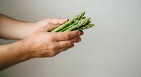 Hands holding fresh green asparagus spears against neutral background, suitable for healthy eating, cooking, and nutrition content.