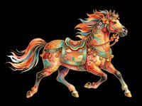 Ornate decorative horse with vibrant orange and gold patterned coat, flowing mane and tail, isolated on transparent background. Ready for t-shirt design, clipart, stickers, sublimation and print-on-demand projects.