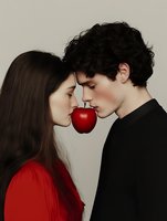 Young couple in profile holding red apple between their lips against neutral background, romantic conceptual portrait with minimalist style and symbolic meaning.